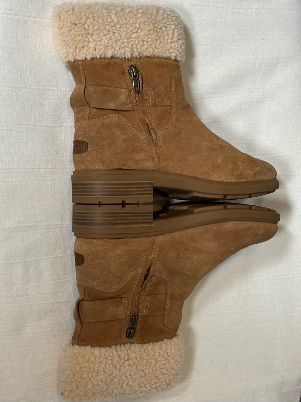 UGG Harrison Cuff Shearling Lined Suede Boots-Chestnut Brown/Cream-Women Size 10